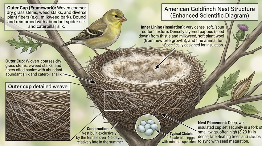 American Goldfinch nest structure diagram showing woven grass outer cup bound with spider and caterpillar silk and soft plant-down lining