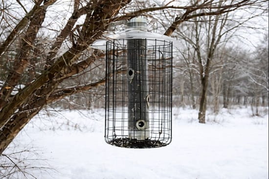 caged feeder for keeping grackles, starlings, and blackbirds out