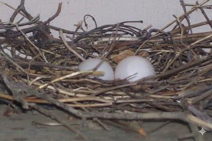 A flimsy dove nest on a table top with 2 eggs inside