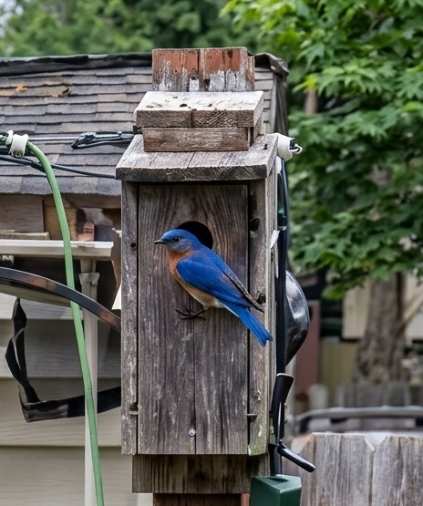 bluebird at opening of bird house getting ready to go inside to feed chicks
