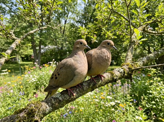 two doves are perched on a branch resting